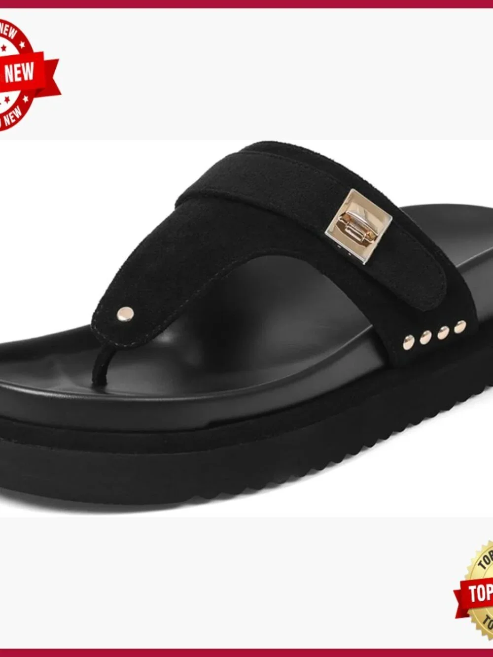 Suede Platform Flip Flops with Buckle Studded Clip Toe Arch Support